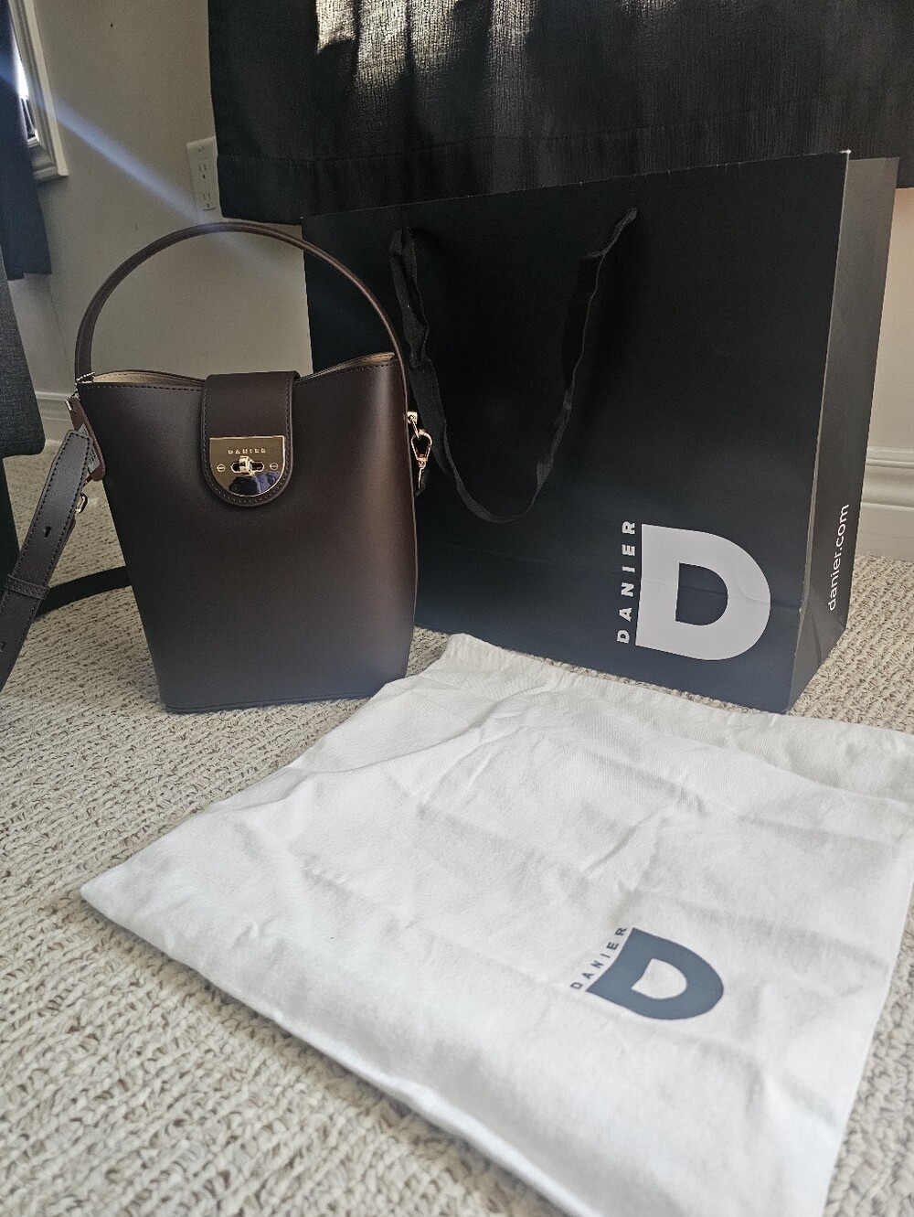 Danier Chocolate Brown Leather Bucket Bag with Gold Hardware